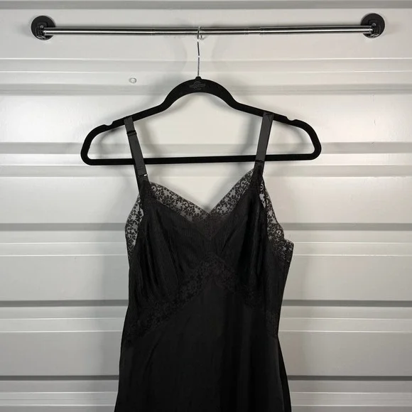 Vintage Black Lace Trim Pleated Slip Dress Midi Length Adjustable Straps Small - Picture 5 of 6